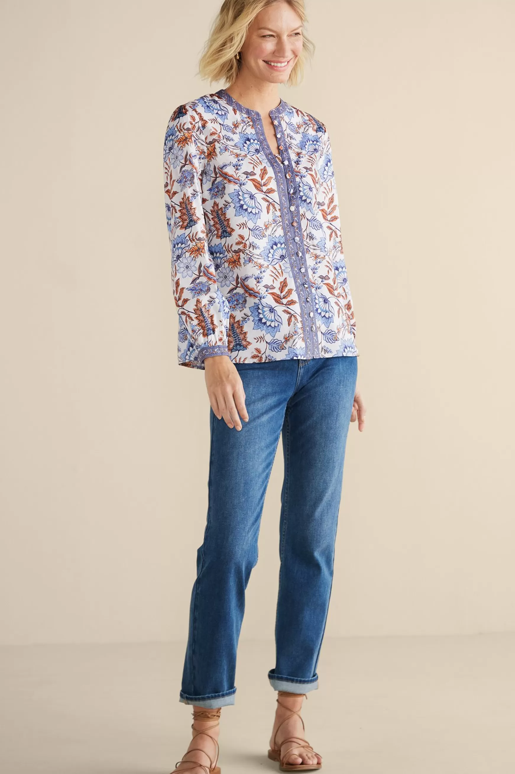 Soft Surroundings Feminine Flourish | Into The Blues-Tracy Top